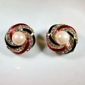 Vintage Estate Gold, Pearl Black & Red Enamel Pavé Rhinestone Earrings Clip 1980